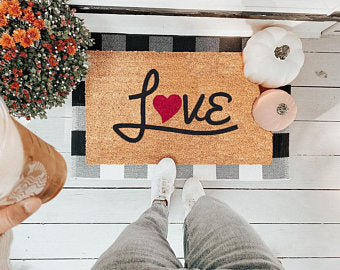 Love Heart Red & Black Vinyl Coir Doormat